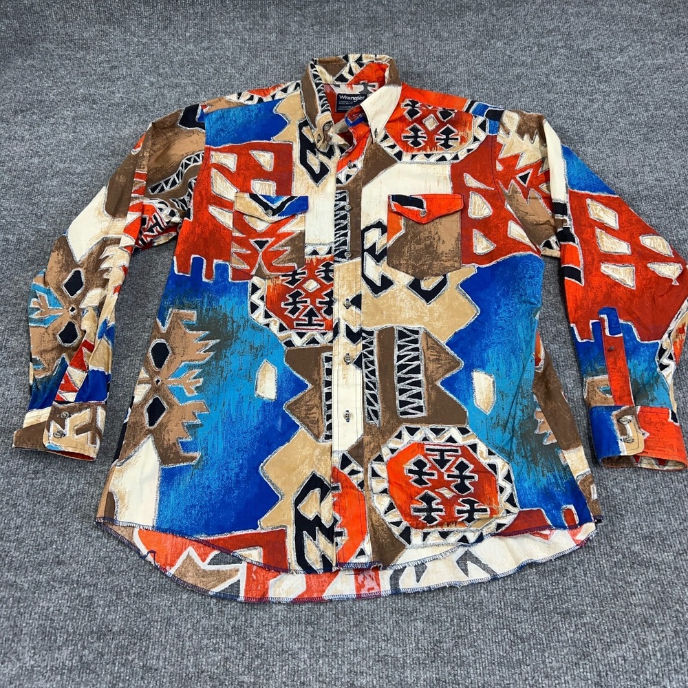 Vintage Wrangler Shirt Mens 17.5x35 Aztec Patchwork Cowboy Cut‎ USA X Long Tails